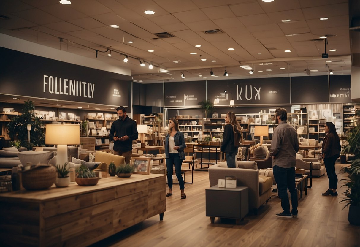 A busy furniture store with customers browsing and staff assisting. Shelves stocked with various items and a sign displaying "Frequently Asked Questions" section