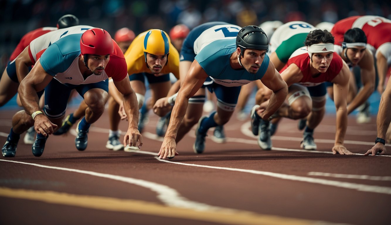 Athletes pushing themselves to the limit in a competitive sports arena, displaying determination and teamwork while striving for victory