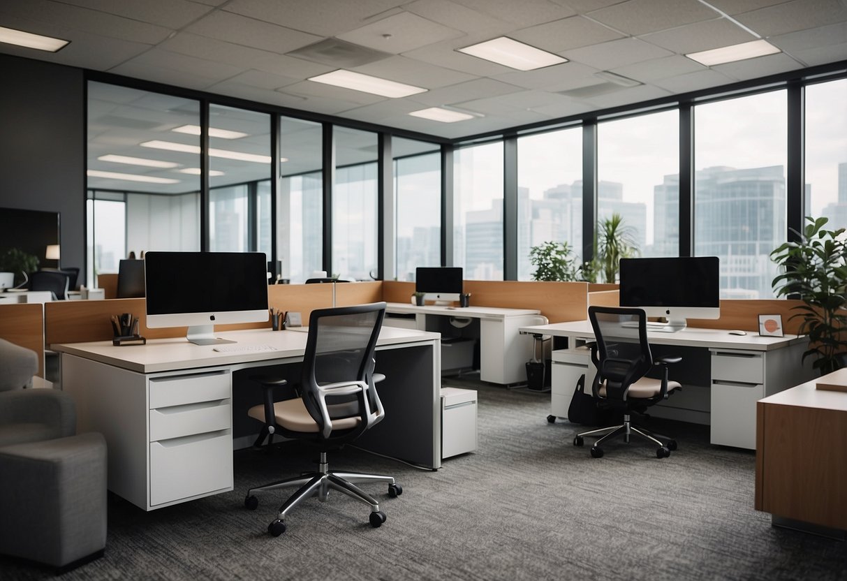 An office space with modern Kimball furniture, featuring sleek desks, ergonomic chairs, and stylish storage units