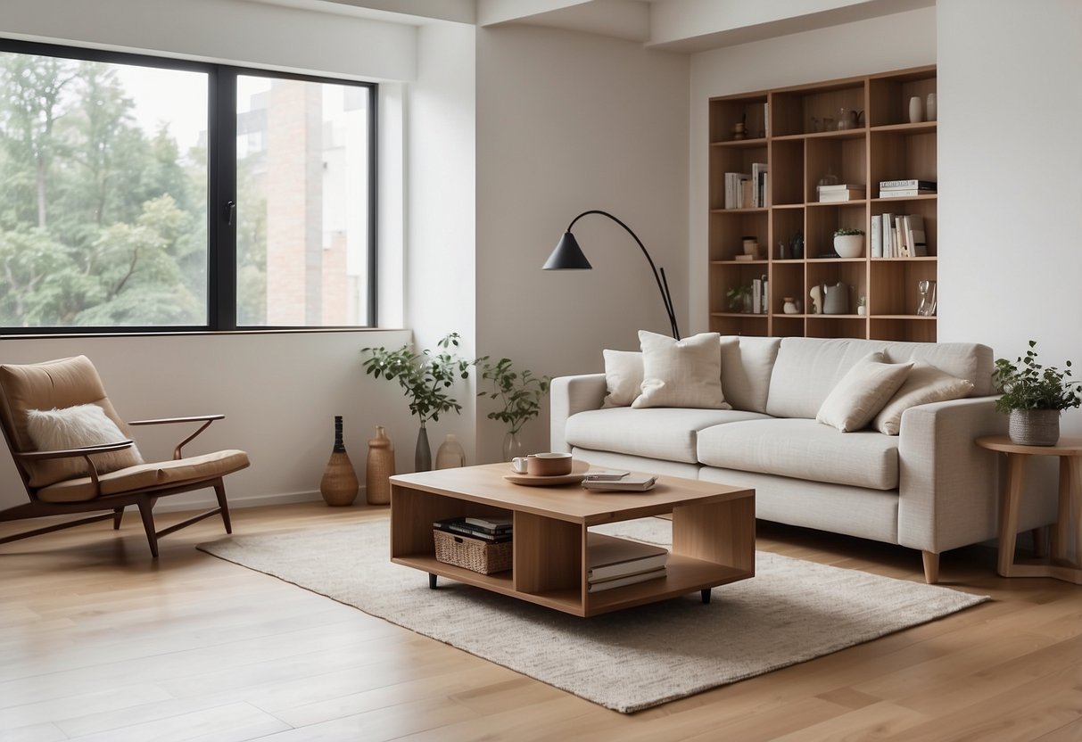 A minimalist living room with Muji furniture: a low wooden coffee table, a neutral-colored sofa, and a sleek bookshelf against a white wall