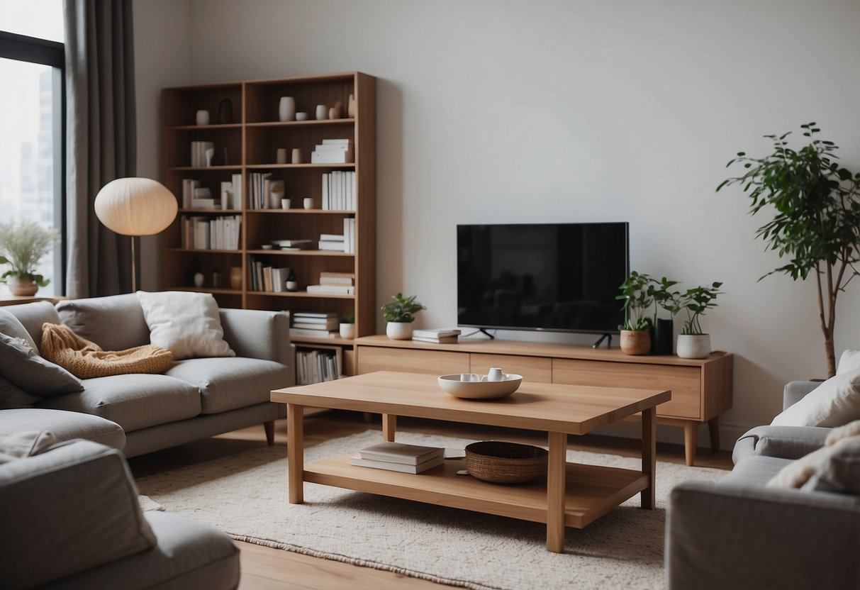 A cozy living room with minimalist Muji furniture: a sleek wooden coffee table, a low-profile sofa, and a bookshelf filled with neatly arranged items