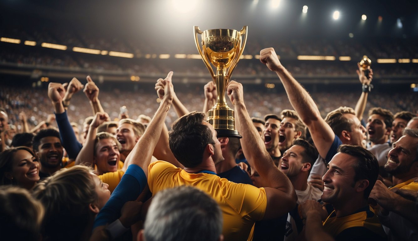 Athletes celebrate victory, while others show disappointment. Trophy in spotlight, with cheering and jeering crowds in background