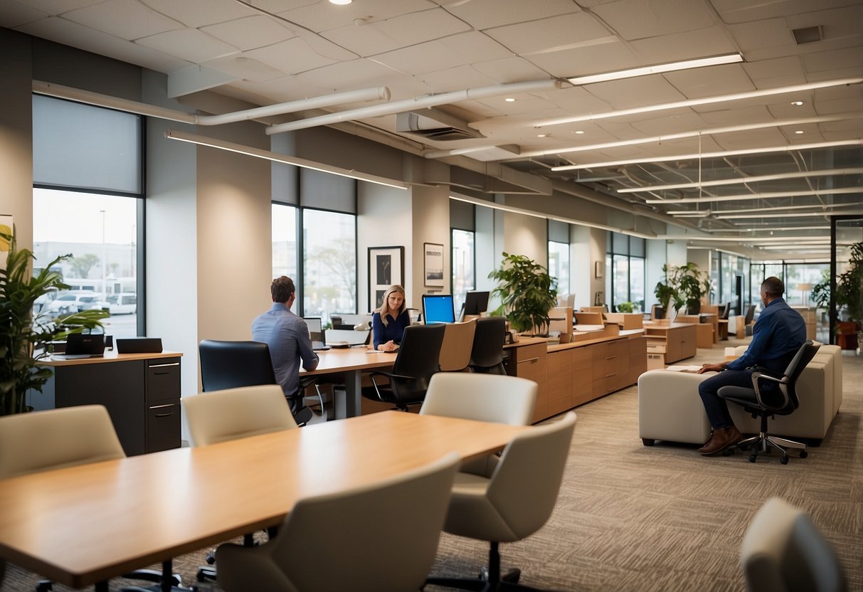 Buyers browse through a showroom of Kimball office furniture, examining desks, chairs, and storage solutions. The space is well-lit and organized, with a modern and professional aesthetic
