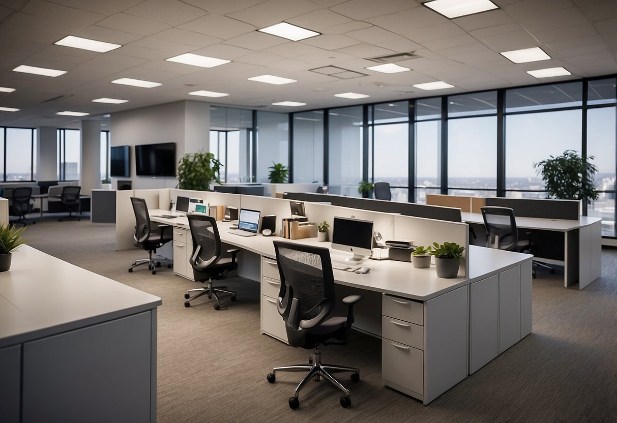 A busy office with employees interacting with Kimball office furniture, including desks, chairs, and storage units. The furniture is modern and sleek, with clean lines and neutral colors
