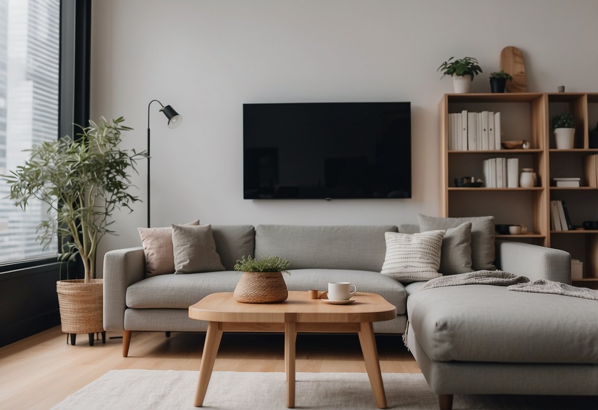 A clean, minimalist living room with Muji furniture arranged neatly. A bookshelf, coffee table, and sofa create a cozy atmosphere