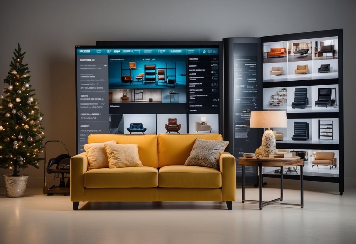 A computer screen displaying an online furniture shop with various items, including sofas, tables, and chairs, against a white background