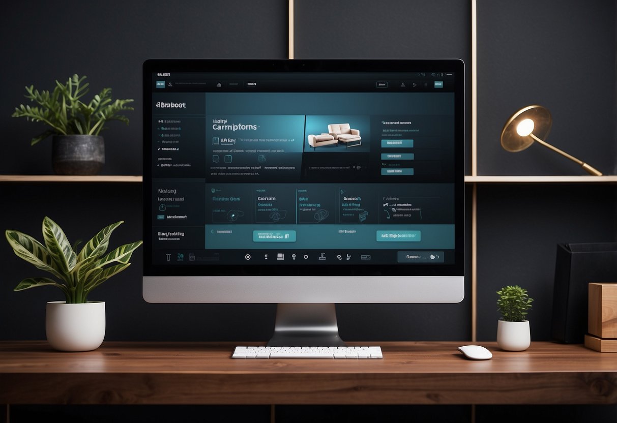 A computer screen displaying a sleek, user-friendly online furniture shop interface with high-quality product images and easy navigation options