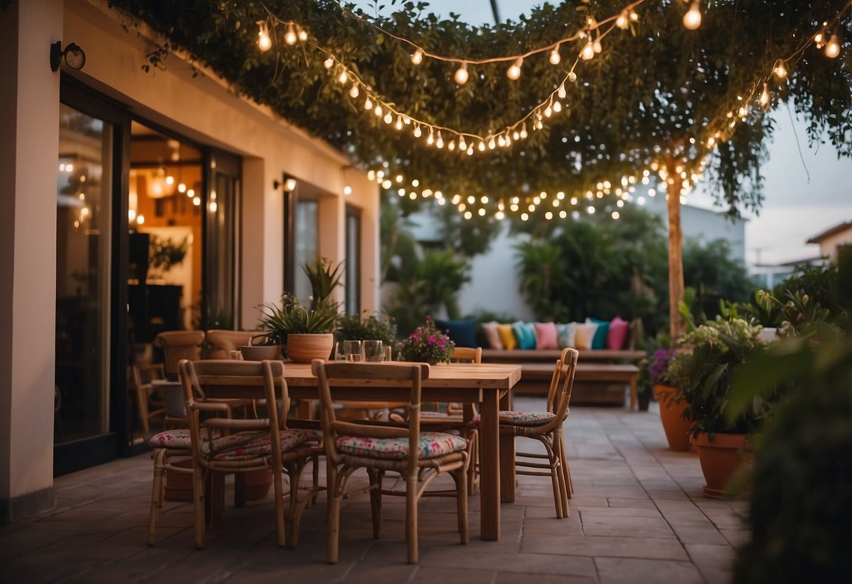 A cozy patio with a wooden table and chairs, adorned with colorful cushions and potted plants. A string of twinkling lights hangs overhead, creating a warm and inviting atmosphere