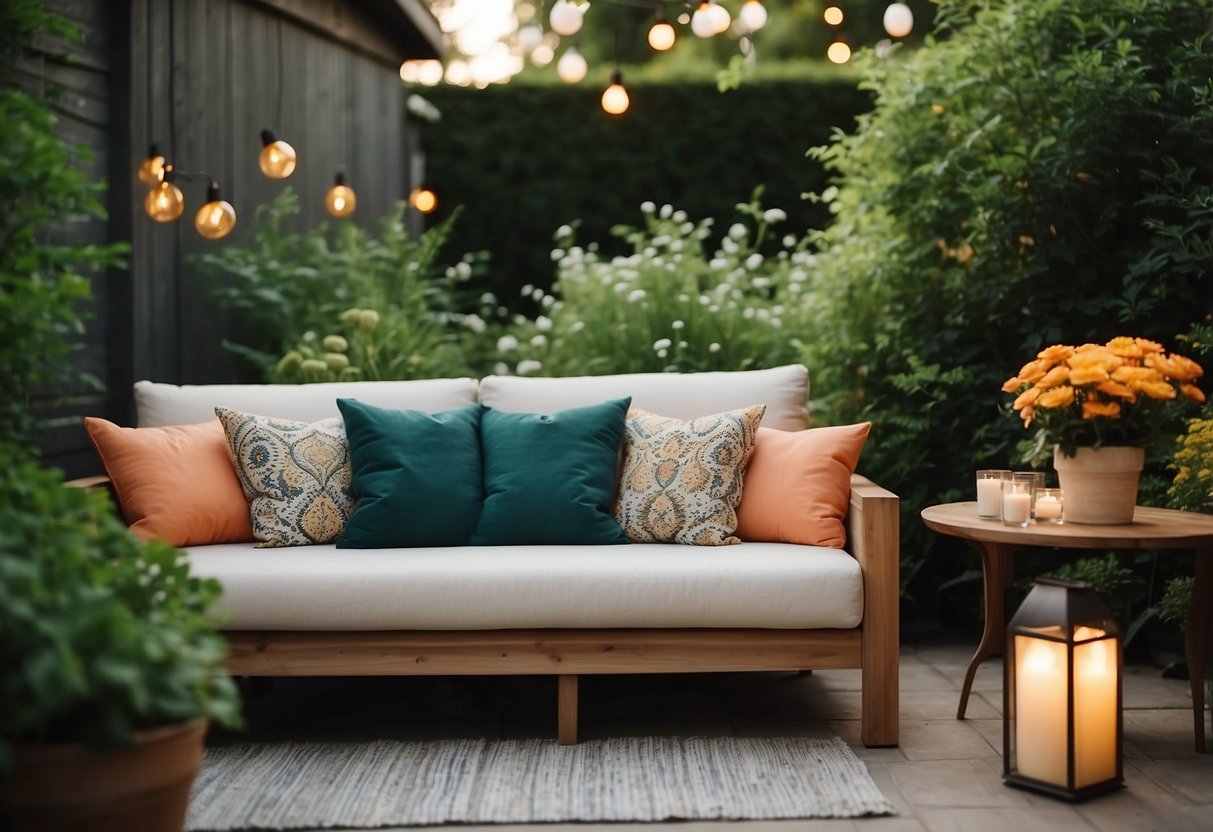 A cozy outdoor living space with a large, comfortable sofa surrounded by lush greenery and soft lighting. A small table holds a vase of fresh flowers, and colorful throw pillows add a pop of color