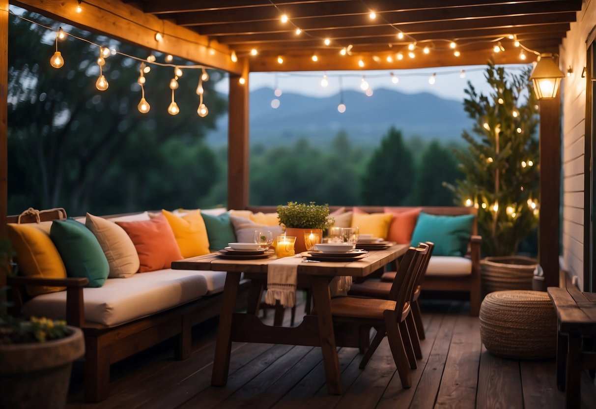 A cozy outdoor patio with a wooden dining set, colorful throw pillows, and twinkling string lights creating a warm and inviting atmosphere