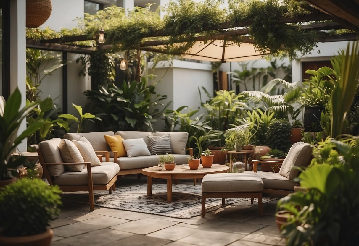 A cozy outdoor patio with a variety of stylish furniture arrangements, including a dining set, lounge chairs, and a hammock, surrounded by lush greenery and colorful potted plants