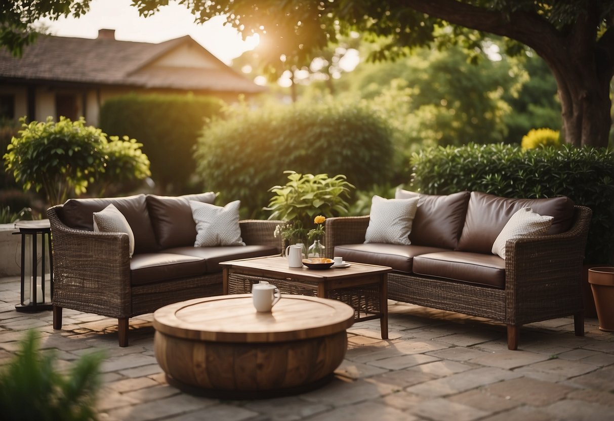 A patio set with leather chairs and a matching sofa, arranged around a wooden coffee table, under a shady tree