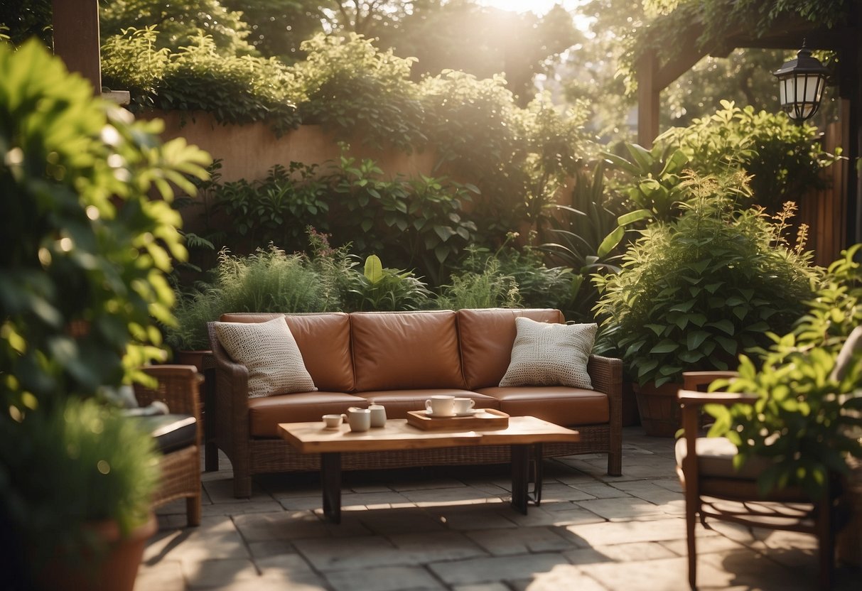 A cozy outdoor patio with a leather sofa, chairs, and a coffee table, surrounded by lush greenery and bathed in warm sunlight