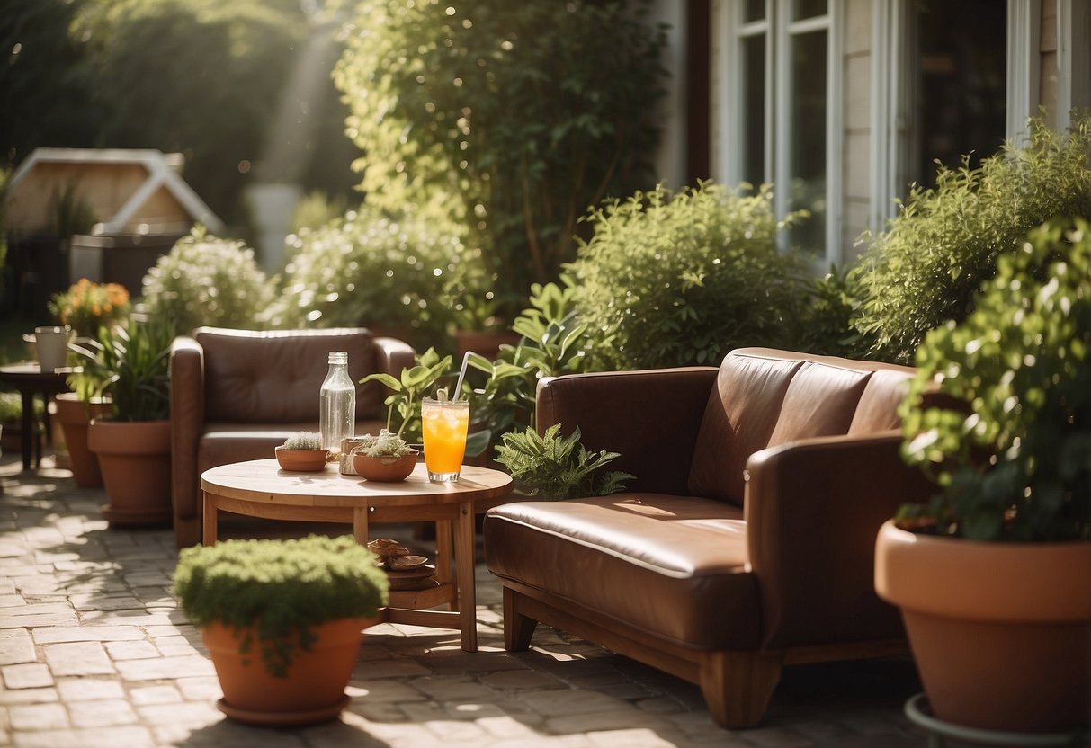 A sunny backyard with a leather sofa and chairs, surrounded by potted plants and a small table with a refreshing drink