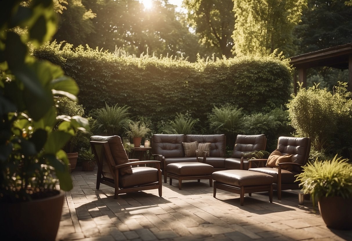 A cozy outdoor setting with leather furniture, surrounded by greenery and bathed in warm sunlight