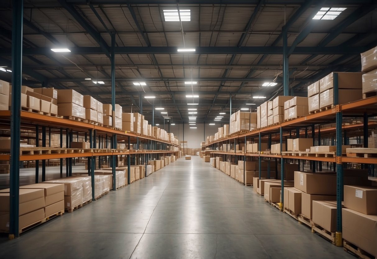 A spacious warehouse filled with modern and classic furniture. Bright lighting highlights the wide aisles and neatly stacked shelves