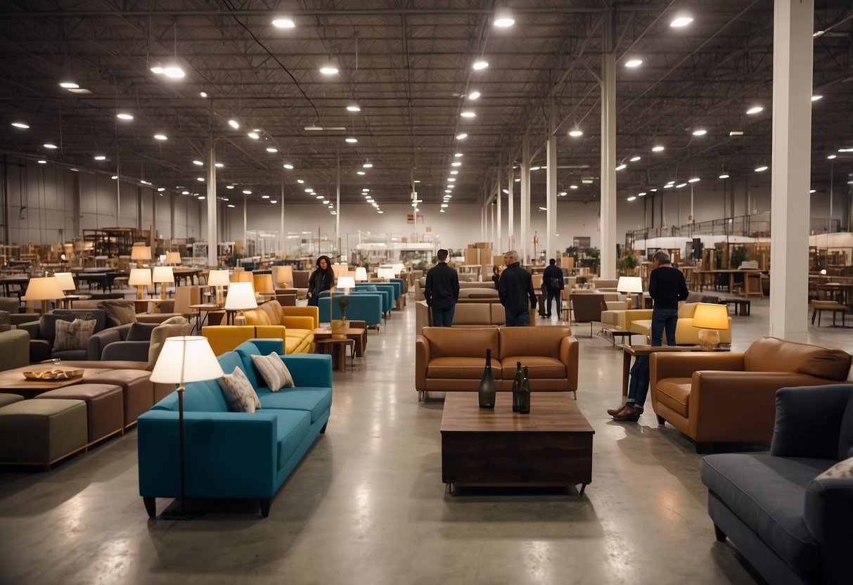 Customers browsing through a vast warehouse of furniture, with rows of couches, tables, and chairs on display. Bright lighting and spacious aisles create an inviting atmosphere for exploration