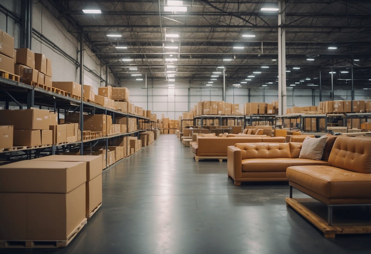 A spacious warehouse filled with modern and classic furniture displays. Bright lighting and wide aisles make browsing and purchasing easy