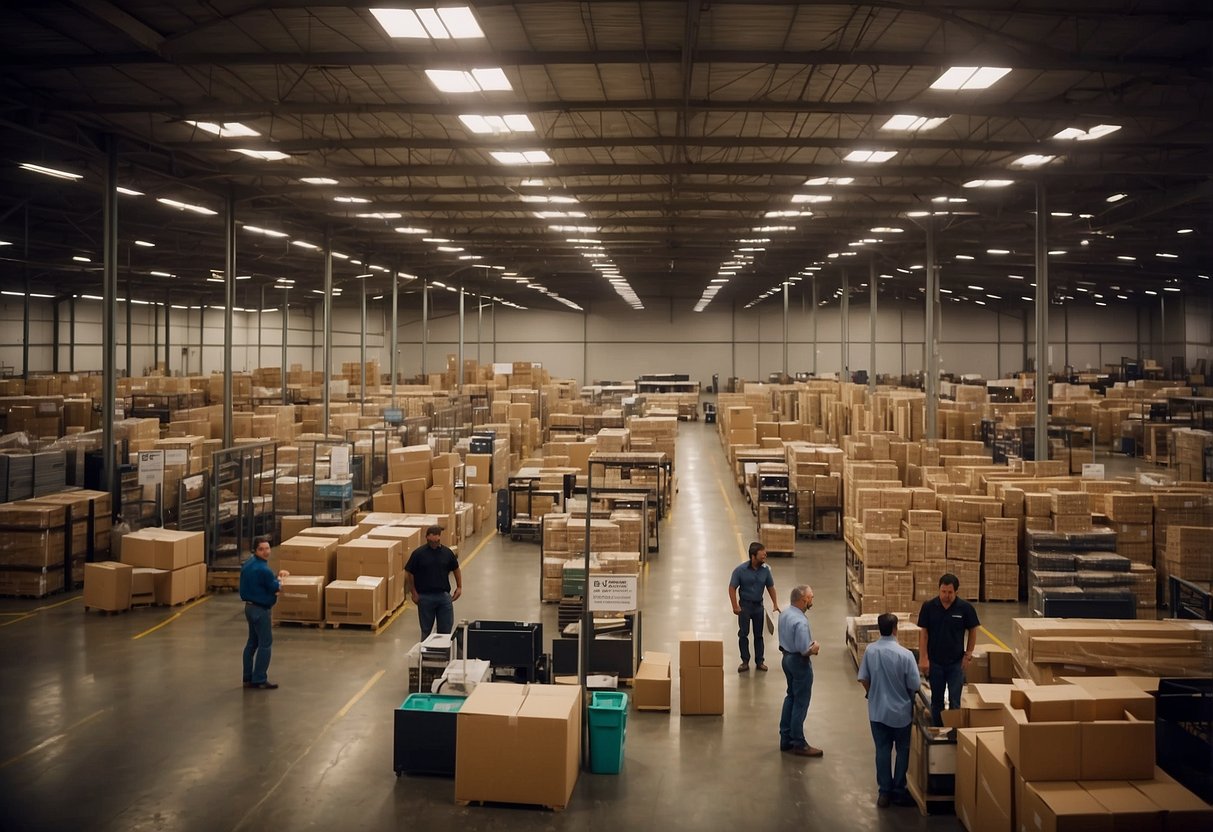 A bustling warehouse with shelves of furniture, customers browsing, and staff assisting. Signage displays "Frequently Asked Questions" for easy reference