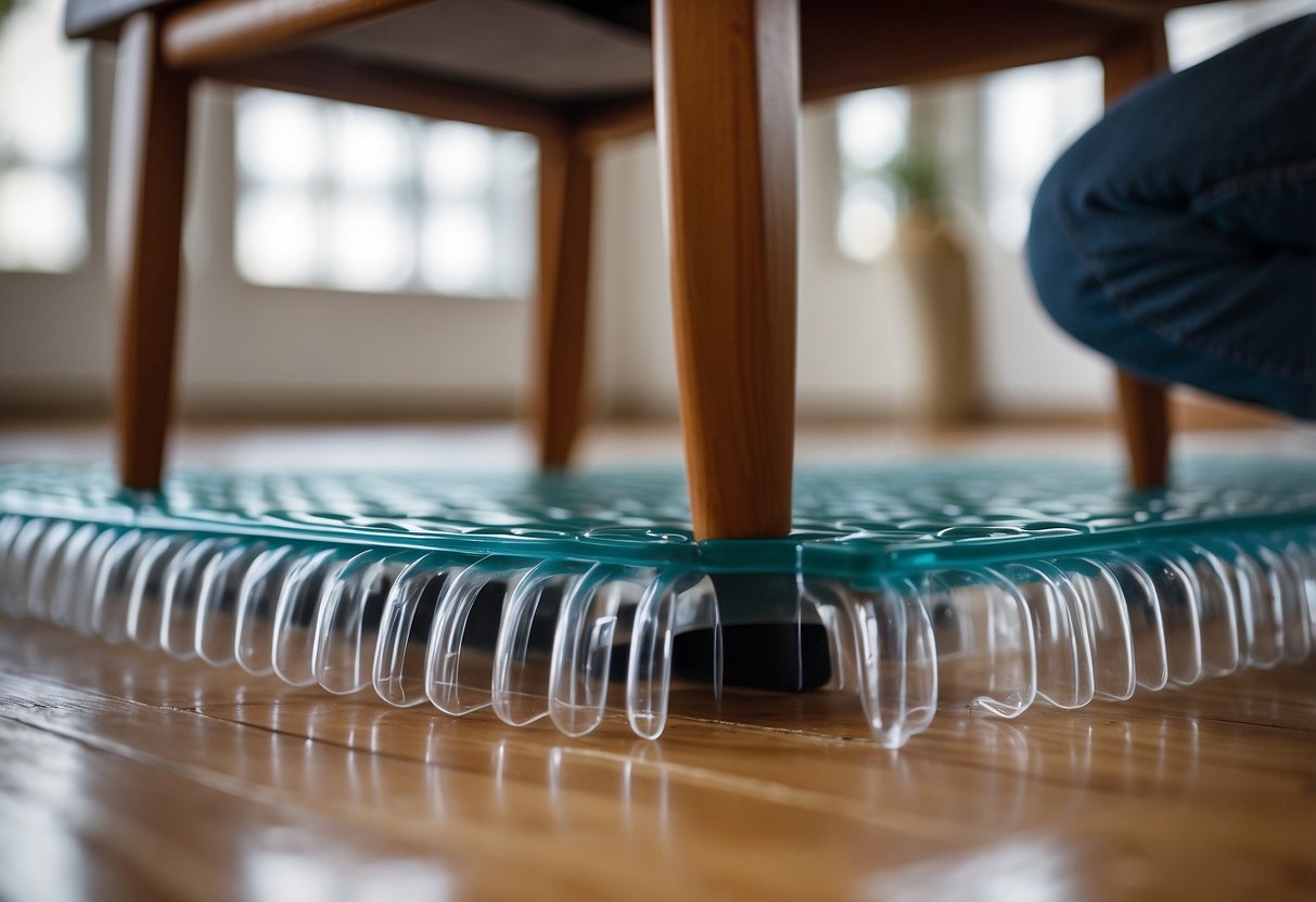 A plastic furniture protector is being placed under a chair, preventing scratches and damage to the floor