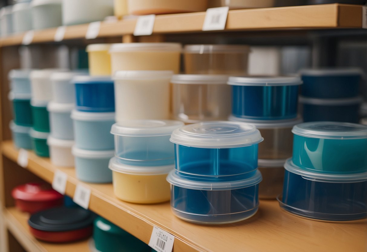 Plastic furniture protectors being selected from a variety of options on a shelf in a home goods store