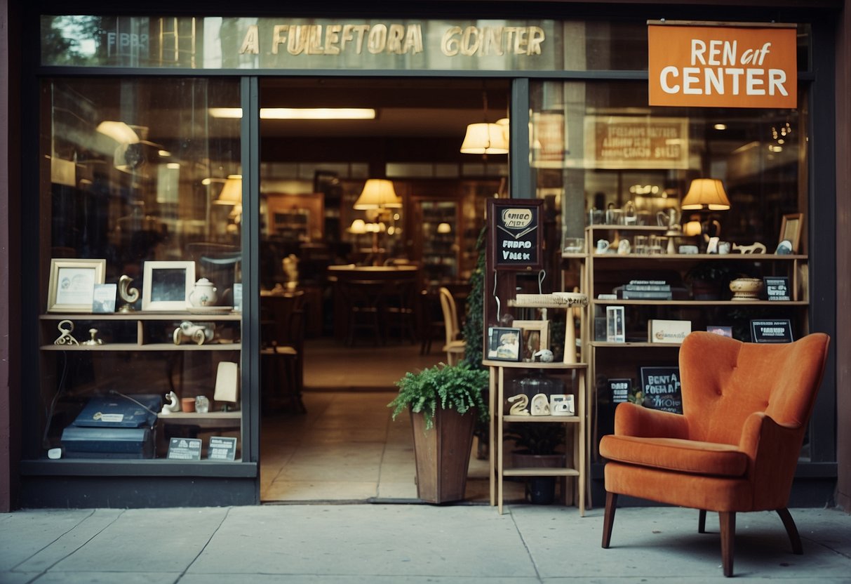 A storefront with "Rent-A-Center" signage displaying used furniture for sale. Various pieces arranged in a showroom window
