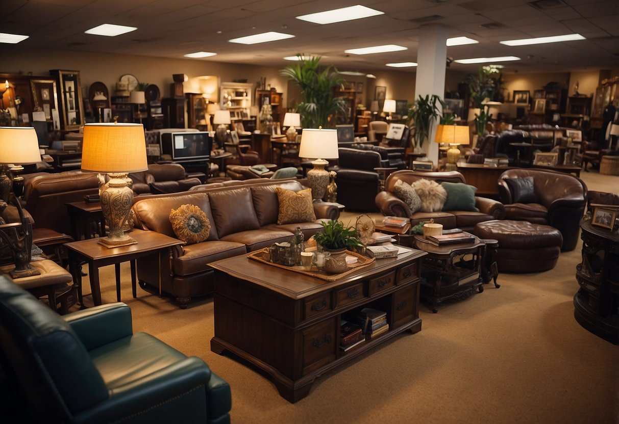 A cluttered showroom displays various used furniture pieces for sale at Rent-A-Center, with price tags and promotional signs visible throughout