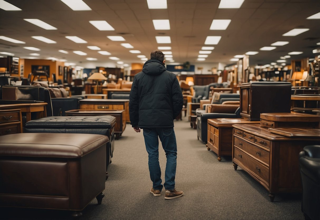 A customer browsing through a variety of used furniture items at Rent-A-Center, carefully inspecting each piece before making a purchase