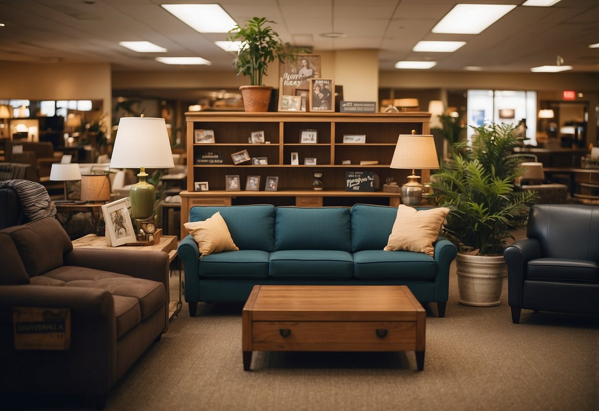 A store display of used furniture with "Frequently Asked Questions" signage, showcasing items for sale at Rent-A-Center