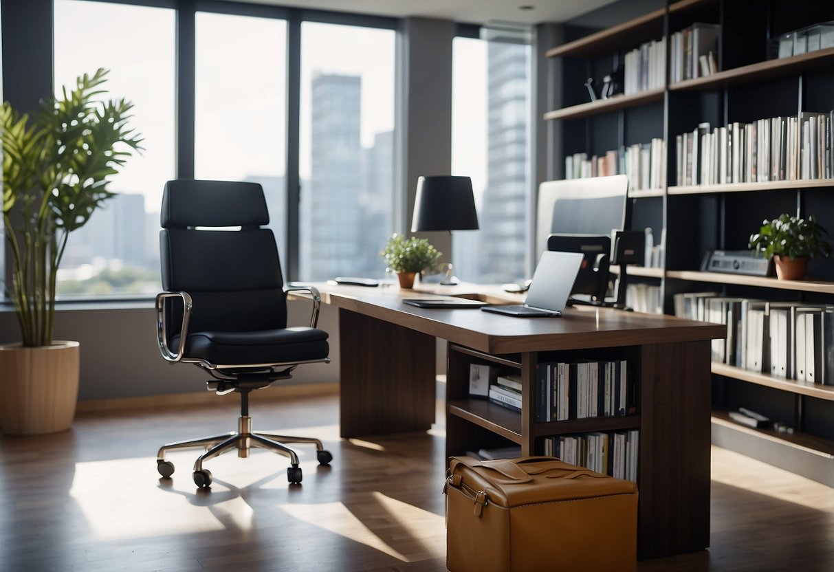 A desk, chair, and bookshelf arranged in a modern office setting with natural lighting
