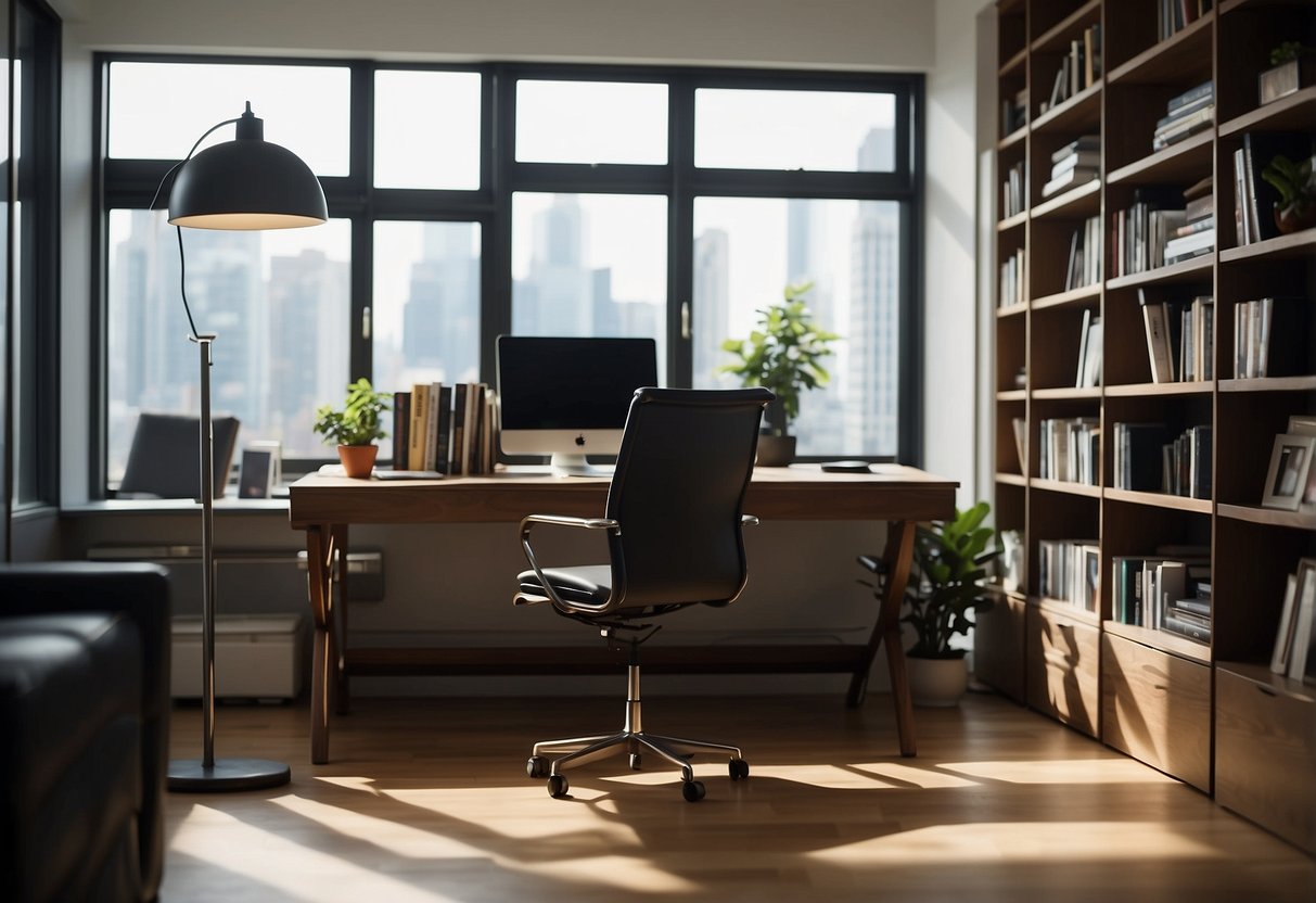 A desk, chair, and bookshelf are arranged in a well-lit room with large windows. The furniture files are open on a computer screen, and a person is working at the desk