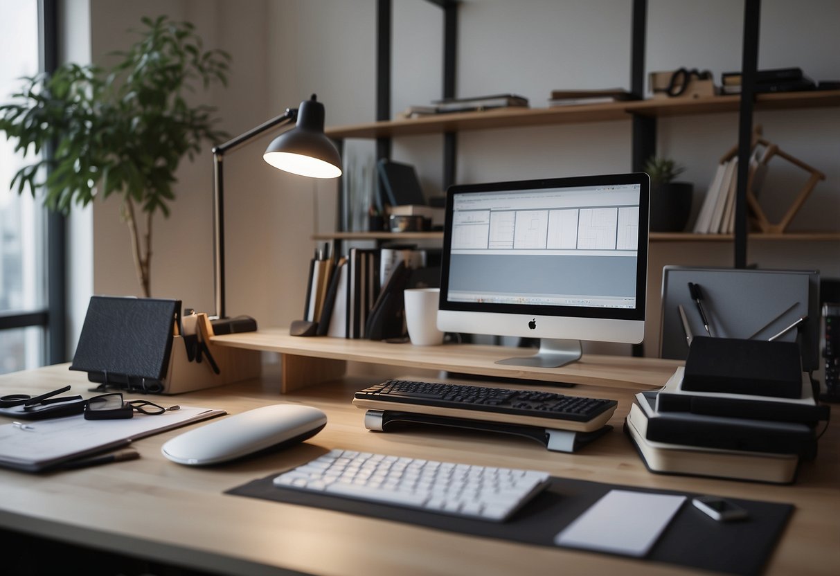 A designer organizes Revit furniture files on a clean desk, with a computer and drawing tools nearby