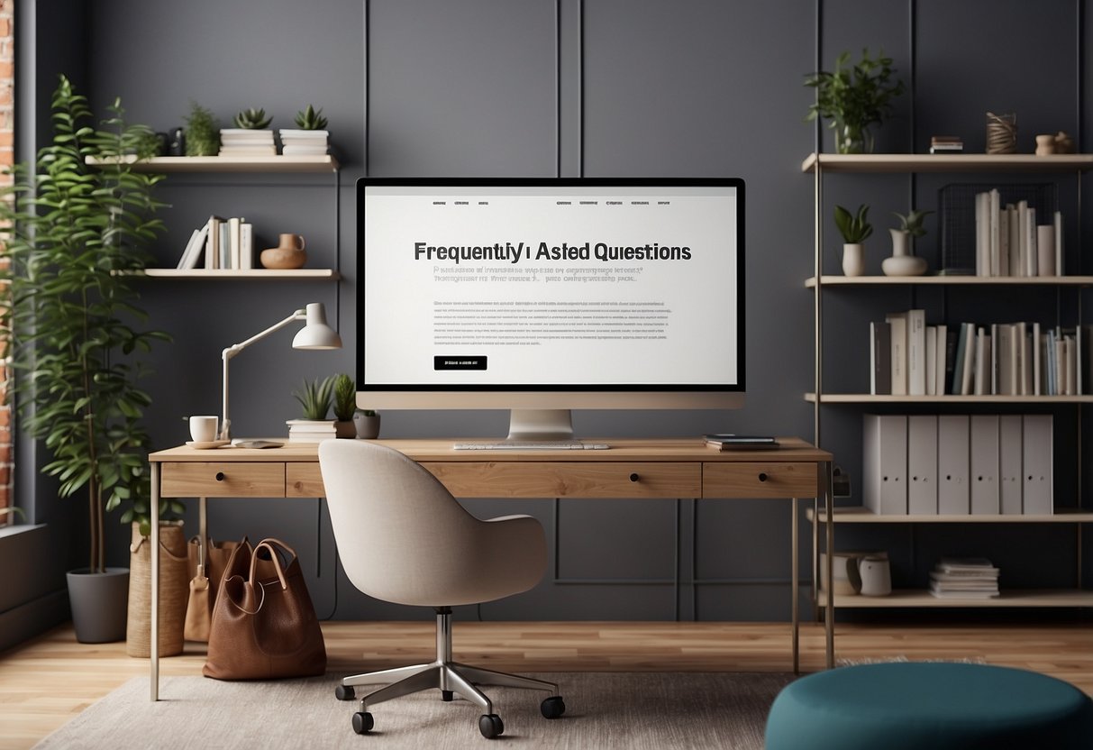 A computer screen displaying a webpage with the title "Frequently Asked Questions revit furniture files" surrounded by office furniture and design tools