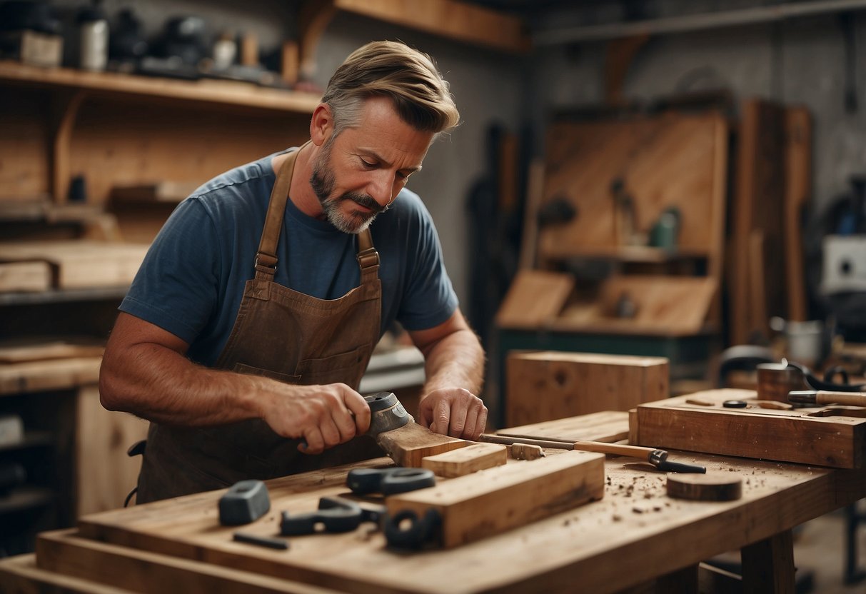 A man renovates furniture, sanding and staining wood in a workshop. Tools and materials are scattered around the space