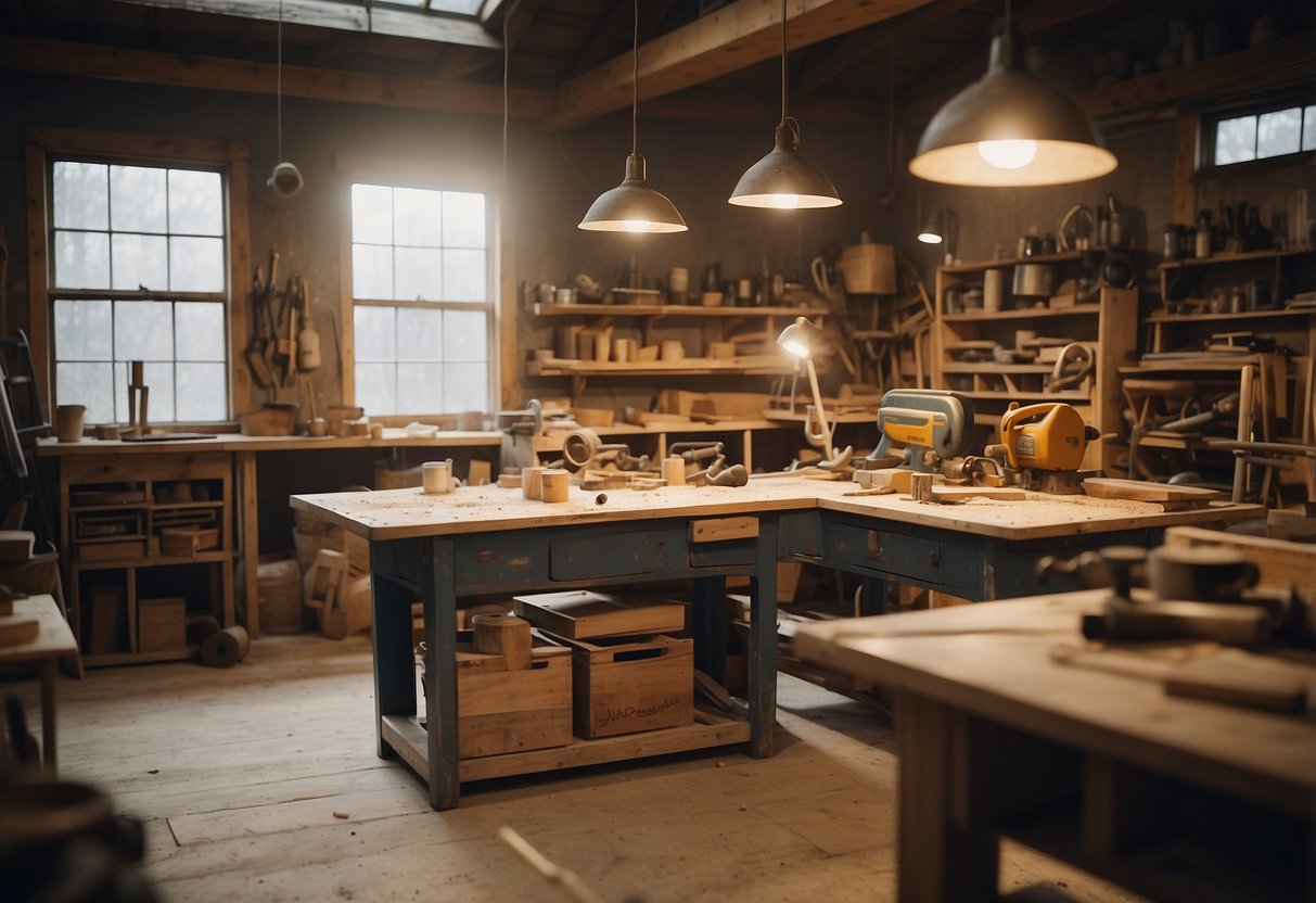 A bustling workshop with sawdust in the air, tools hanging on the wall, and unfinished furniture pieces scattered around