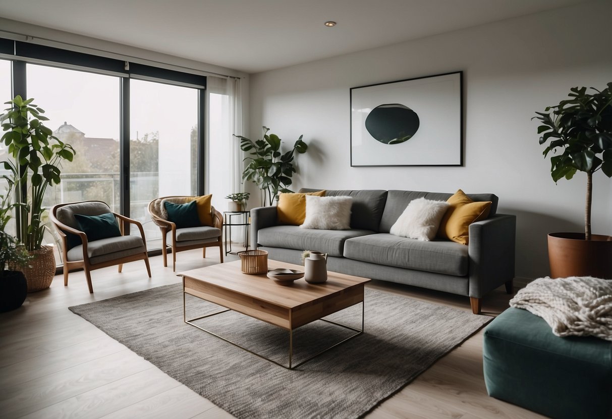 A cozy living room with modern furniture and stylish renovation. Bright lighting and clean lines create a welcoming atmosphere