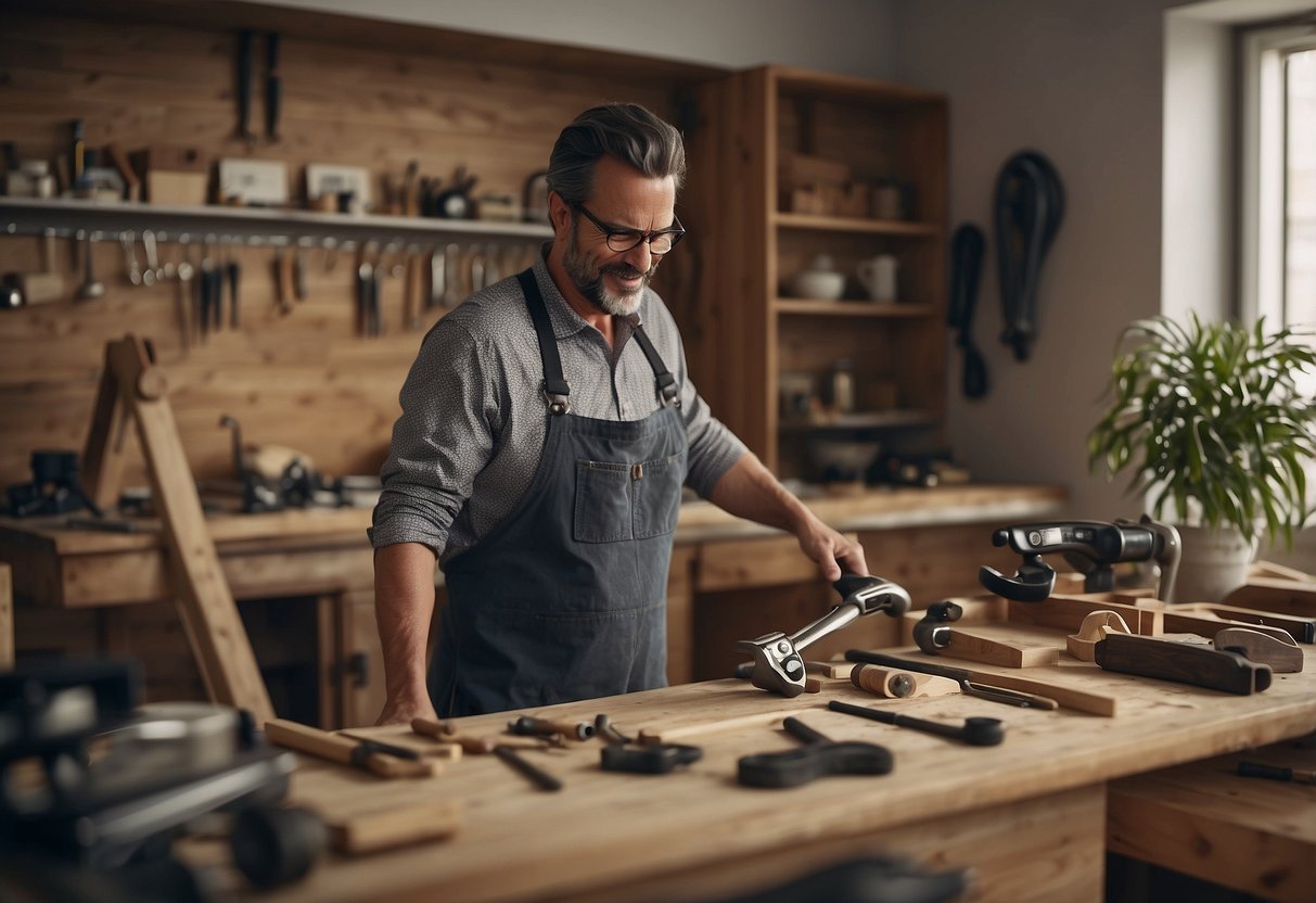 A man renovating furniture, surrounded by tools and materials, with a sign reading "Frequently Asked Questions" in the background