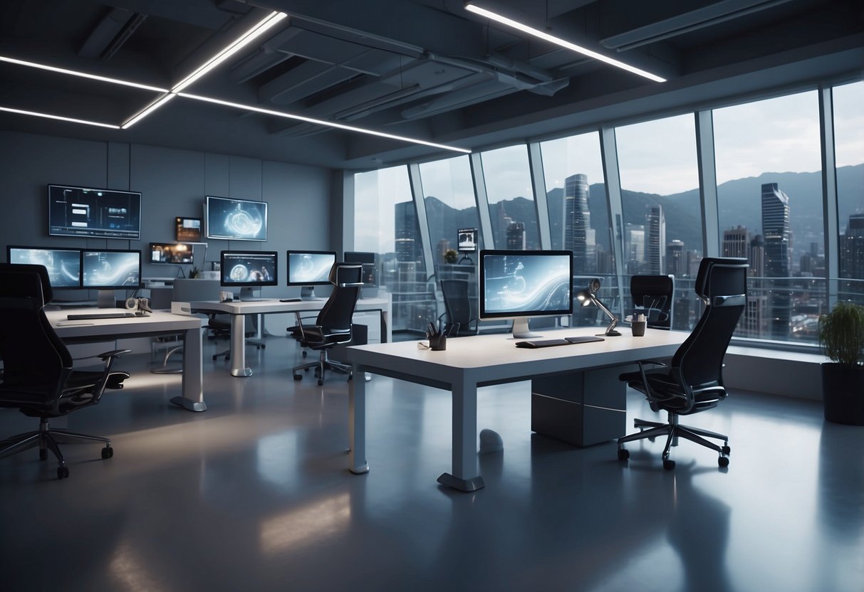 A sleek, futuristic office with floating desks, holographic screens, and ergonomic chairs. A robot arm assembles space-themed furniture