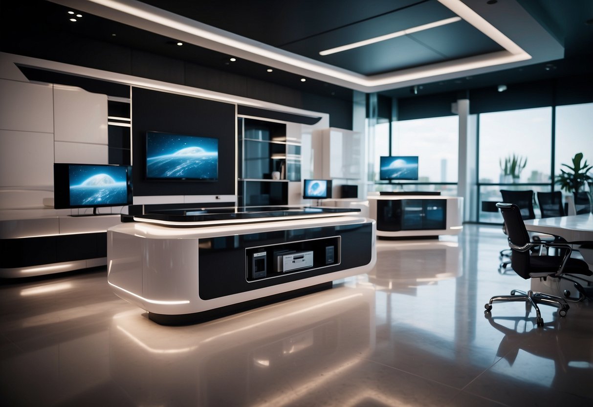 A futuristic space furniture showroom with sleek designs and advanced technology