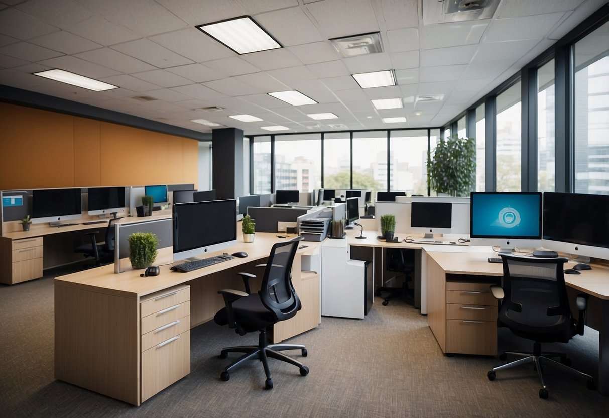 A modern office with sleek furniture, open workspaces, and natural lighting. Various job stations are set up with computers and ergonomic chairs