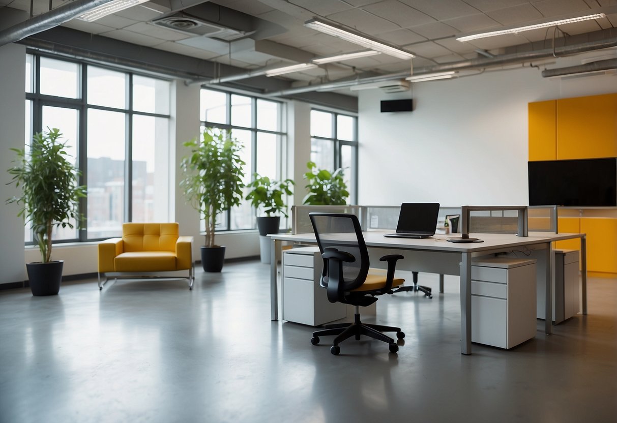 A bright, open office space with modern furniture and a designated area for frequently asked questions. A person is not necessary for this scene