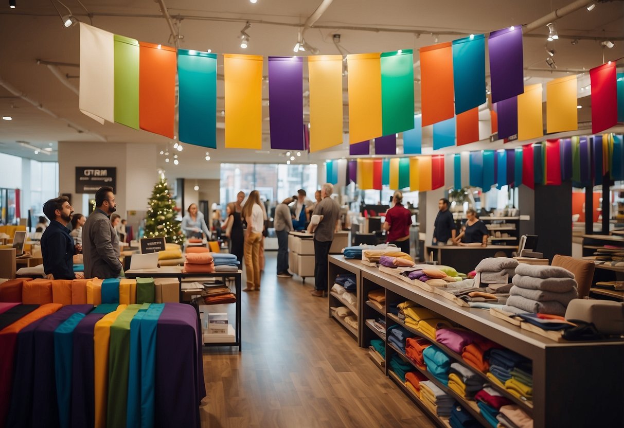 Colorful banners hang above a crowded showroom. Customers browse through discounted sofas and tables. A cashier rings up purchases at the checkout counter