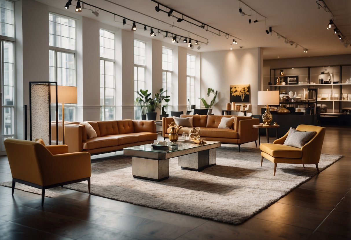 Brightly lit showroom with large "Exclusive Deals and Discounts" banners. Elegant furniture arranged in stylish displays. Customers browsing and admiring the sale items