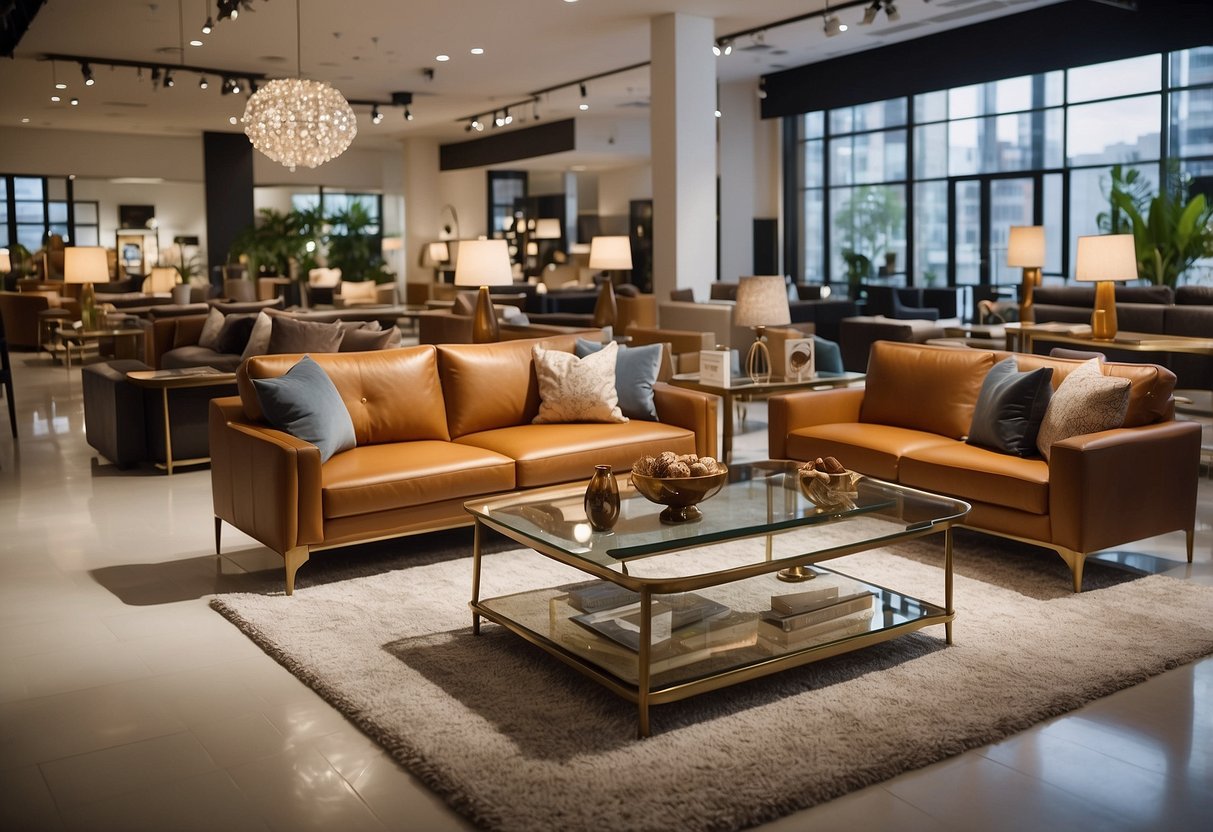 Various furniture collections displayed in a spacious showroom. Delivery information signs prominently displayed. Star furniture sale banner hanging overhead