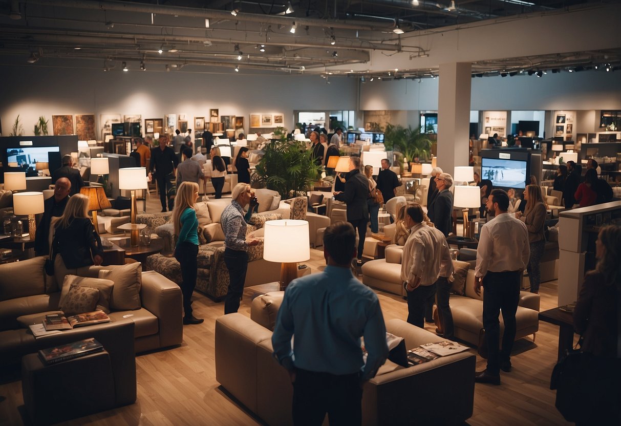 A crowded showroom with people browsing furniture, signs advertising "Frequently Asked Questions" and "Sale" displayed prominently