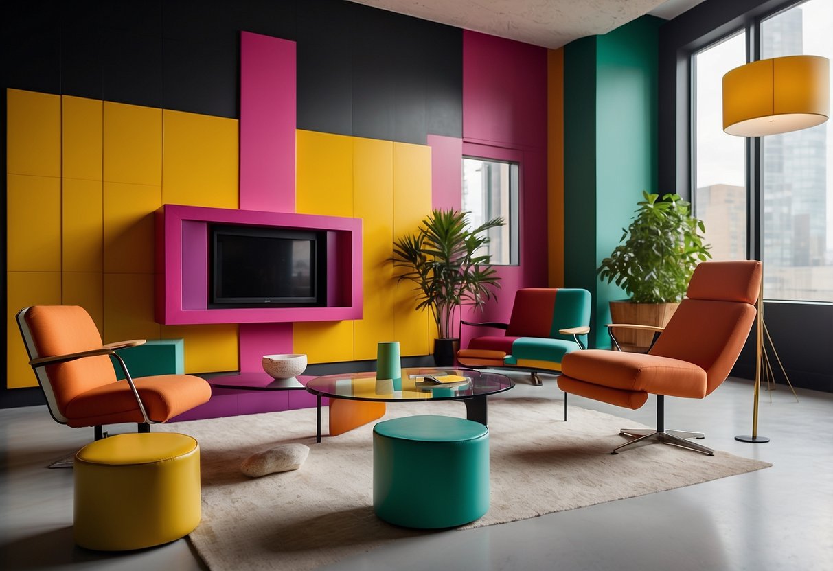 A room with vibrant, geometric Ettore Sottsass furniture arranged in a playful, asymmetrical composition. Bold colors and unconventional shapes create a dynamic and modern atmosphere