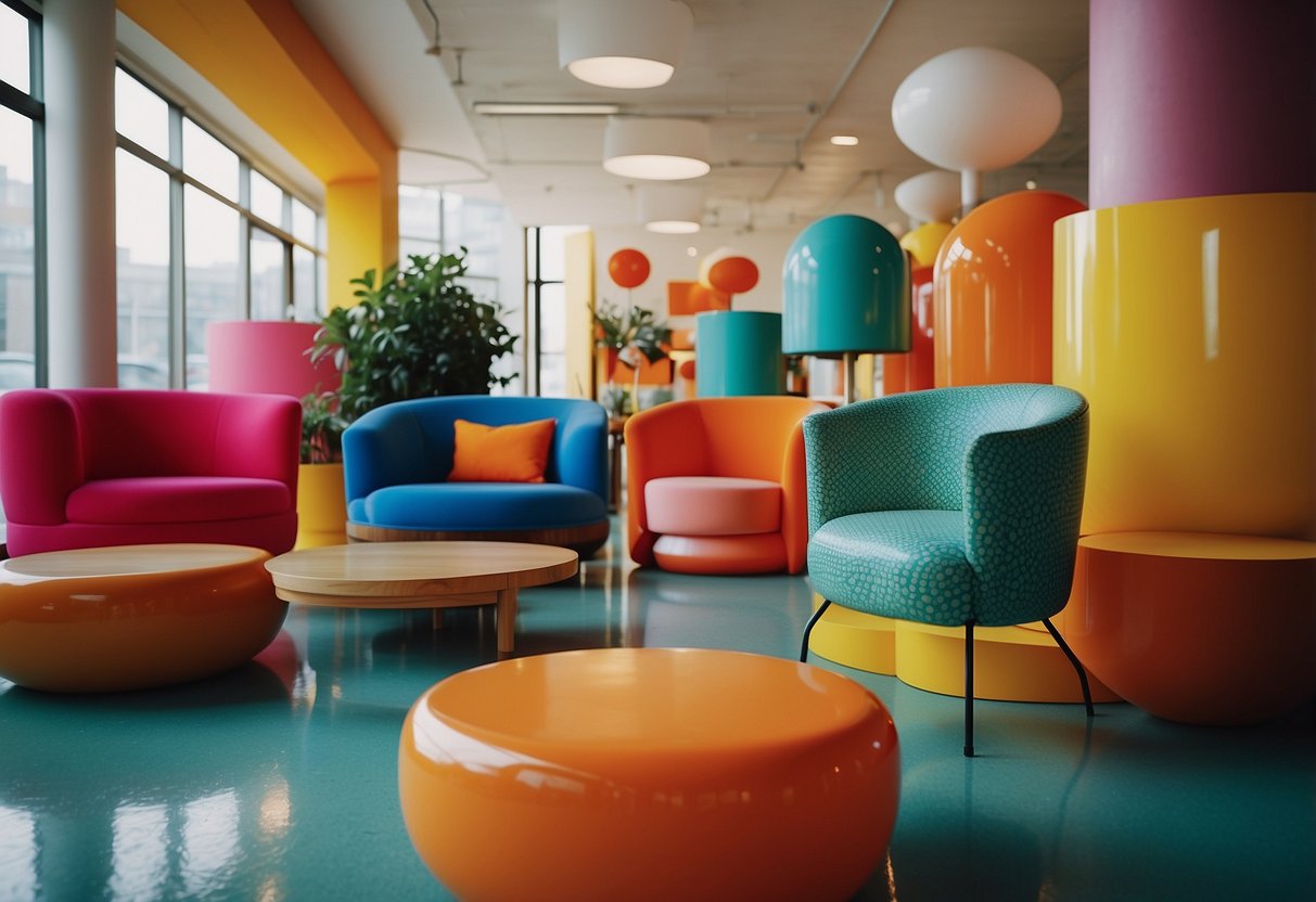 Sottsass's vibrant furniture fills a room, with bold colors, geometric shapes, and playful patterns. A mix of materials like plastic, wood, and metal create a dynamic and eclectic atmosphere