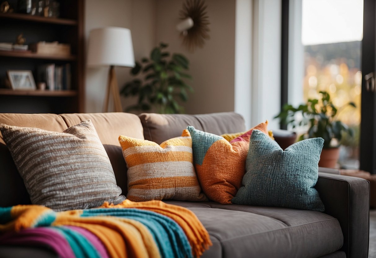 A modern, sleek sofa sits in a sunlit living room, surrounded by colorful throw pillows and a cozy blanket