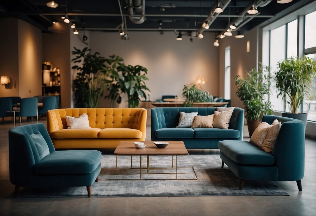 A variety of stylish sofas arranged in a spacious showroom, with different colors, shapes, and textures on display