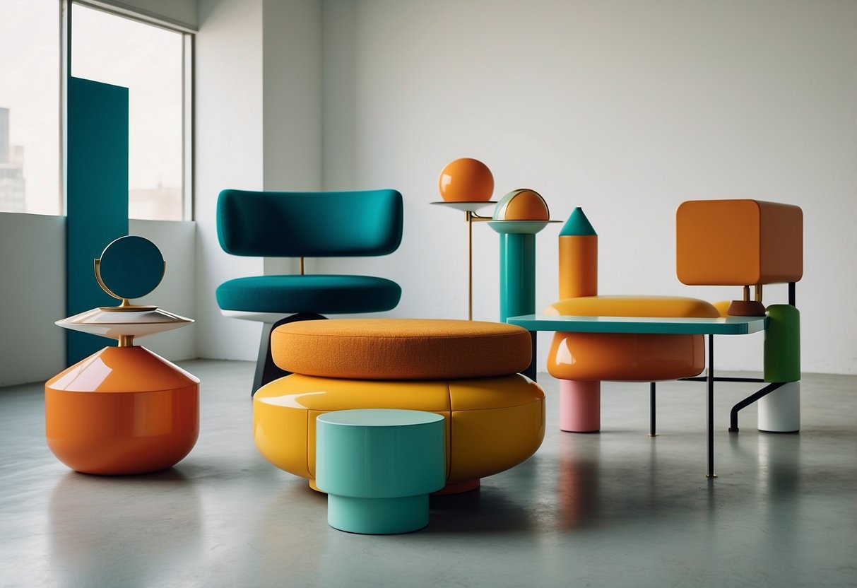 Ettore Sottsass's iconic furniture pieces arranged in a modern, minimalist setting with bold colors and geometric shapes